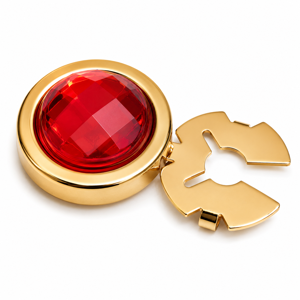 Albetro Ruby Facet Gold Button Cover — angled view showing clasp