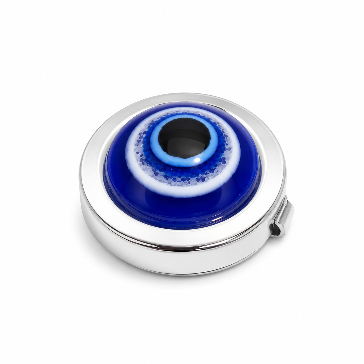 Albetro Evil Eye Guardian Silver Button Cover — blue nazar glass in silver frame, front view