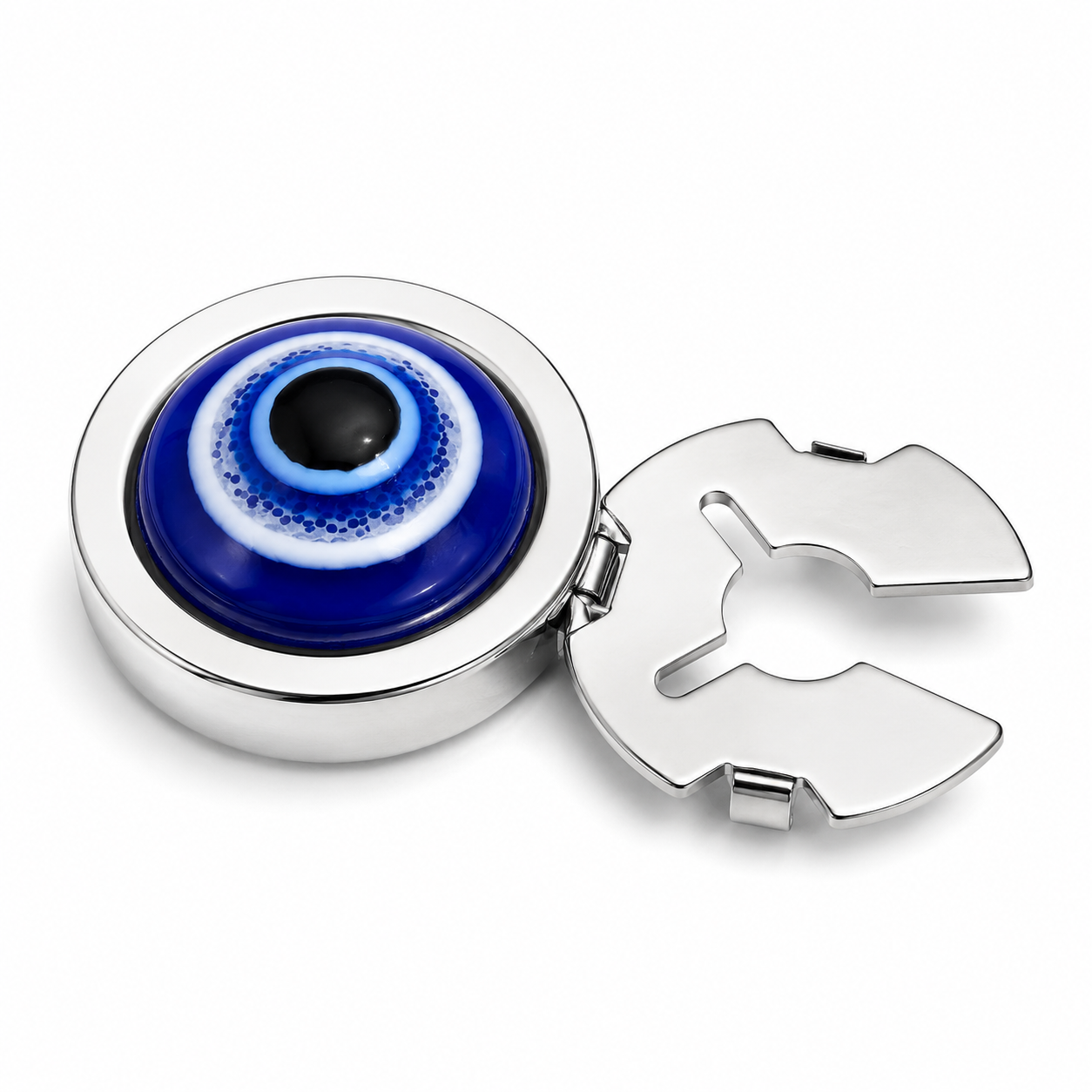 Albetro Evil Eye Guardian Silver Button Cover — angled view showing clasp