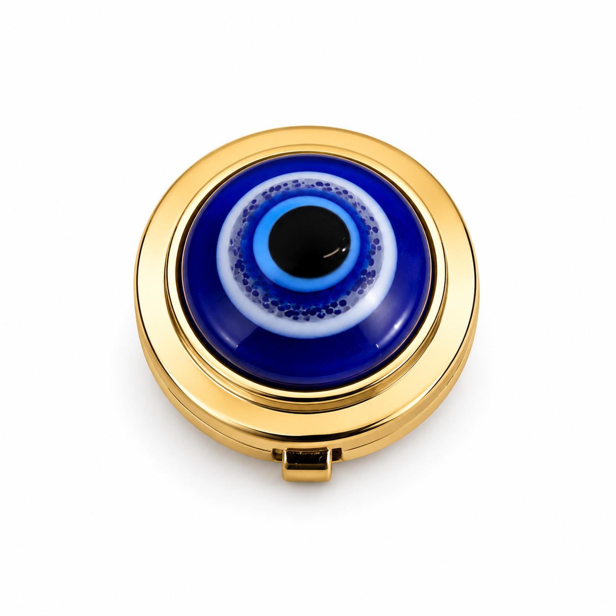Albetro Evil Eye Guardian Gold Button Cover — blue nazar glass in gold frame, front view