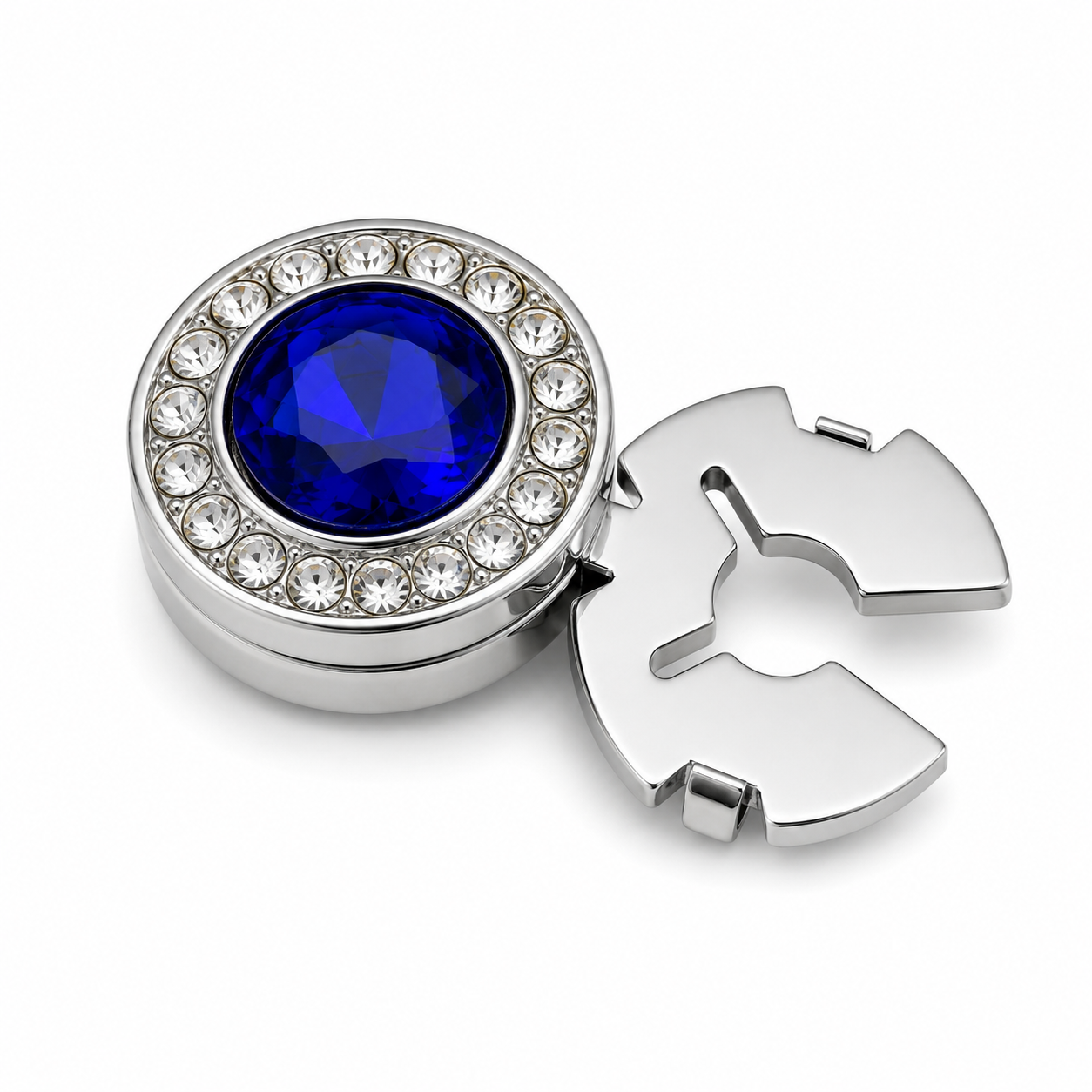 Albetro Sapphire Halo Silver Button Cover — angled view showing clasp