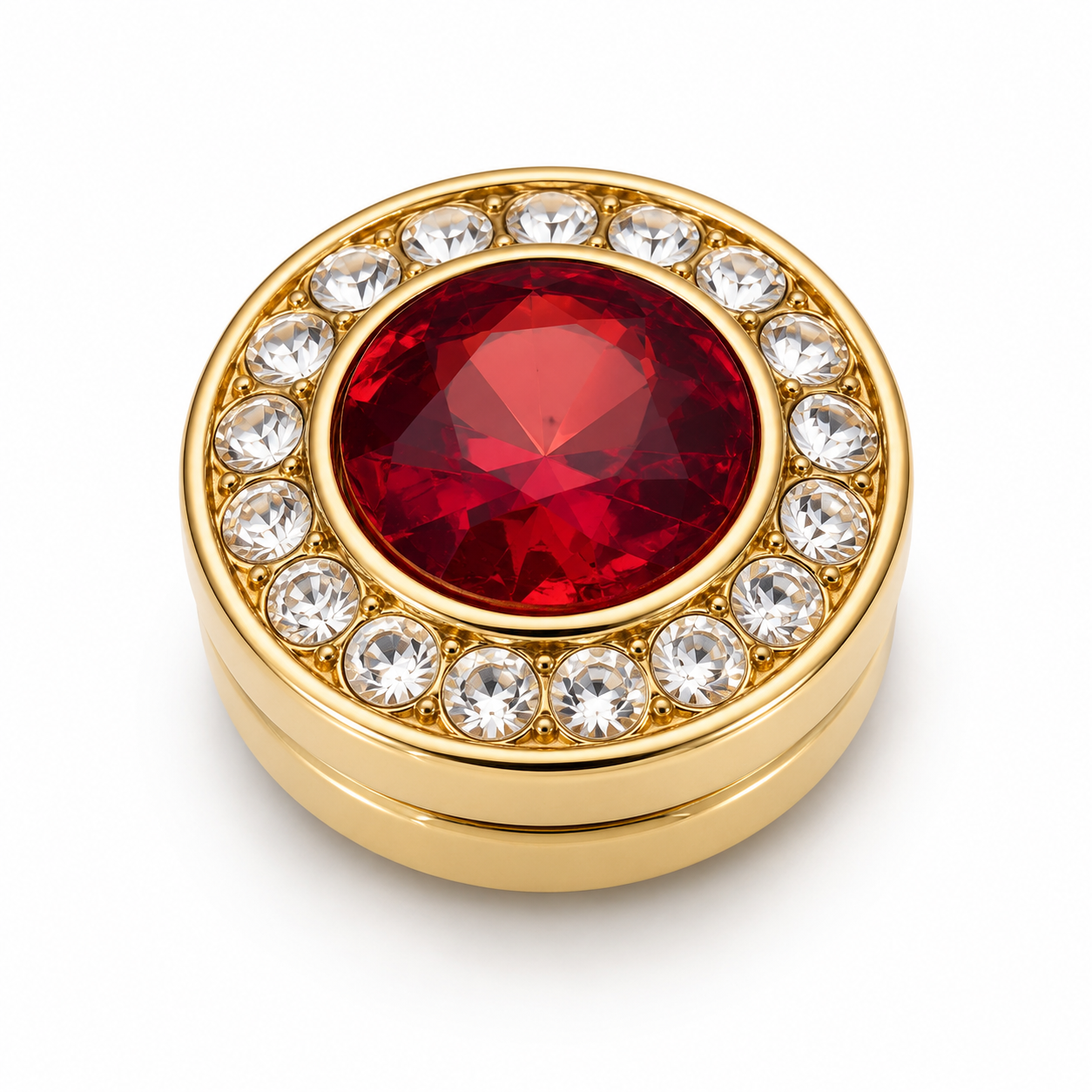 Albetro Ruby Radiance Gold Button Cover — red crystal with clear halo in gold frame