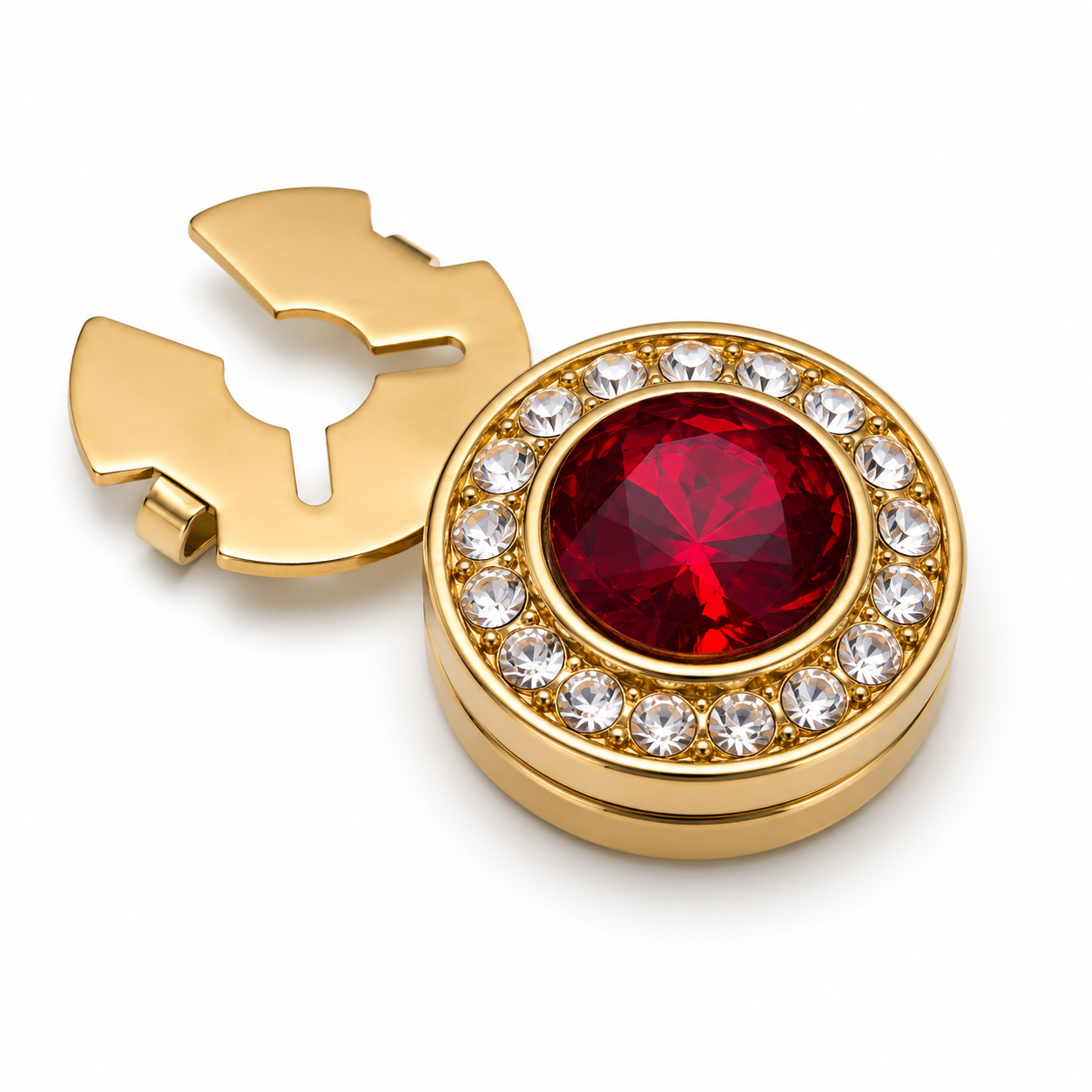 Albetro Ruby Radiance Gold Button Cover — angled view showing clasp