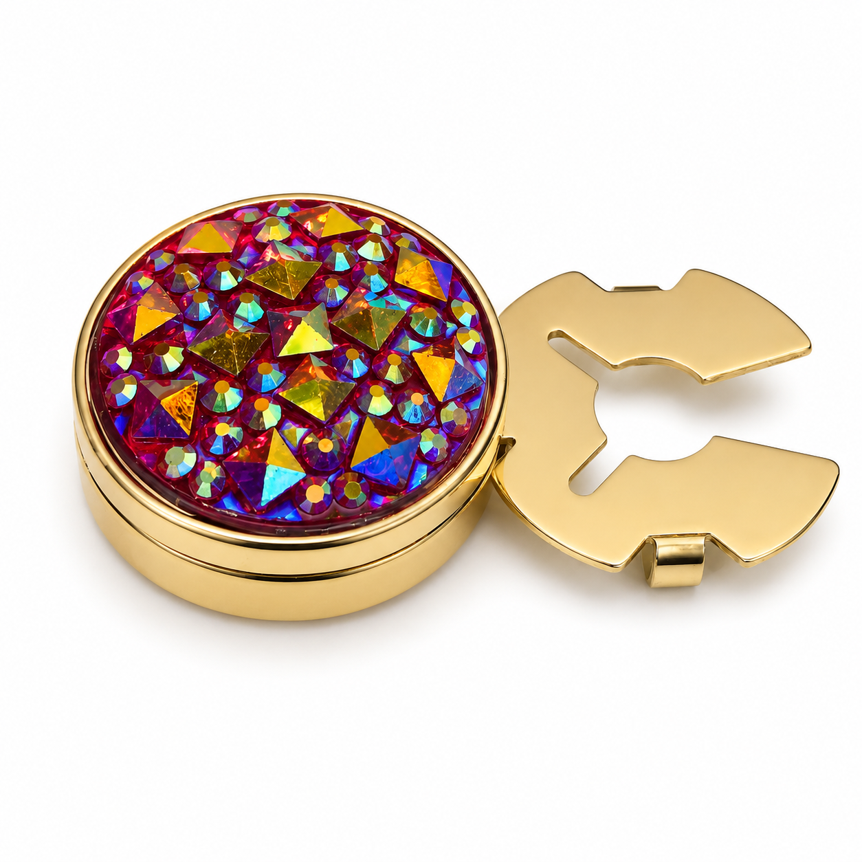 Albetro Crimson Galaxy Druzy Gold Button Cover — angled view showing clasp