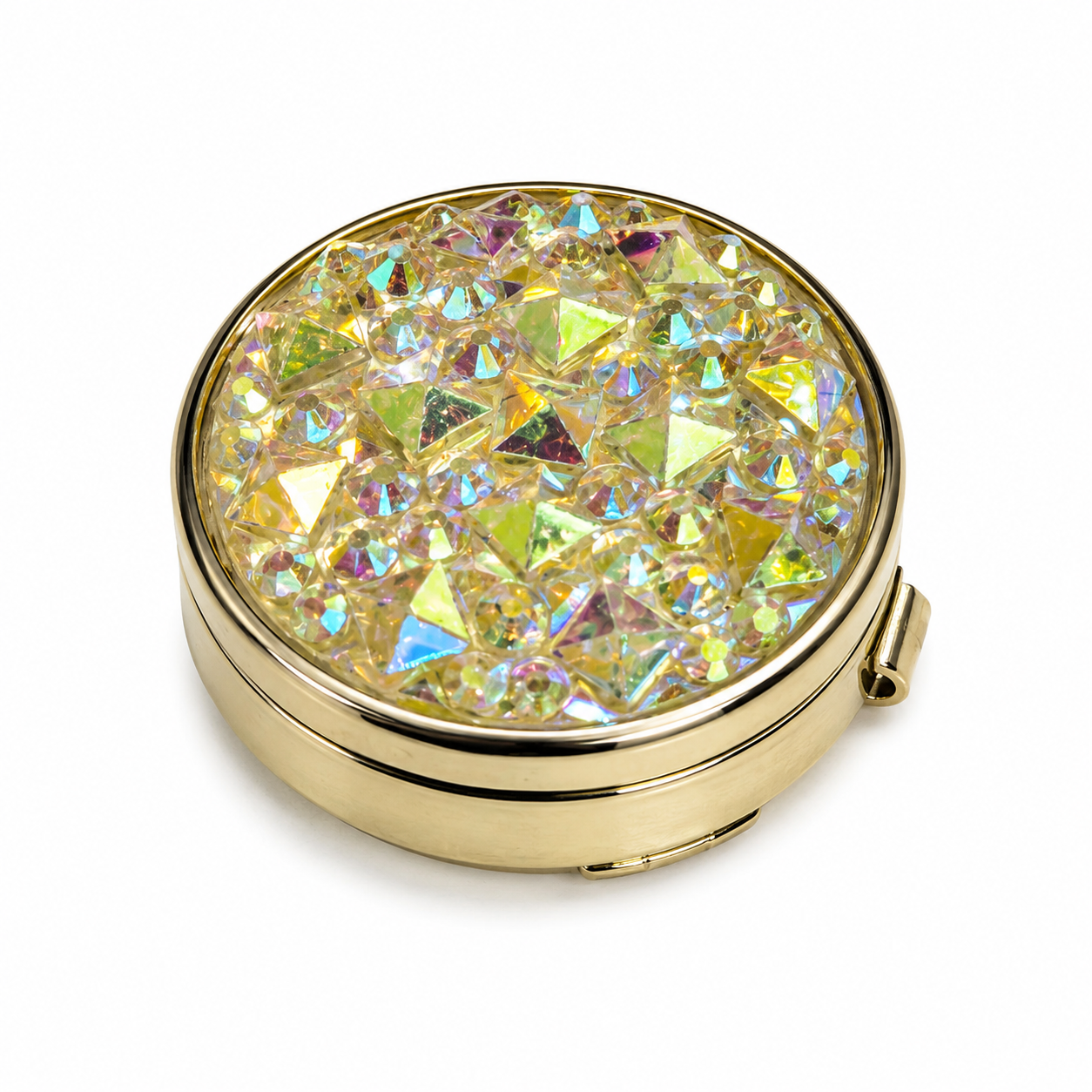 Albetro Champagne Aurora Druzy Gold Button Cover — iridescent champagne druzy in gold frame