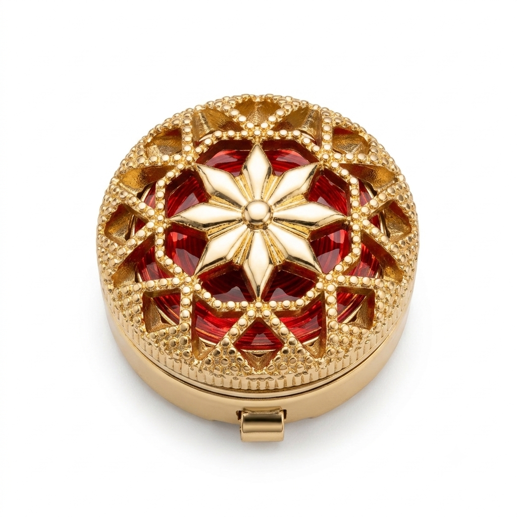Albetro Scarlet Filigree Gold Button Cover — gold lattice over red crystal, front view