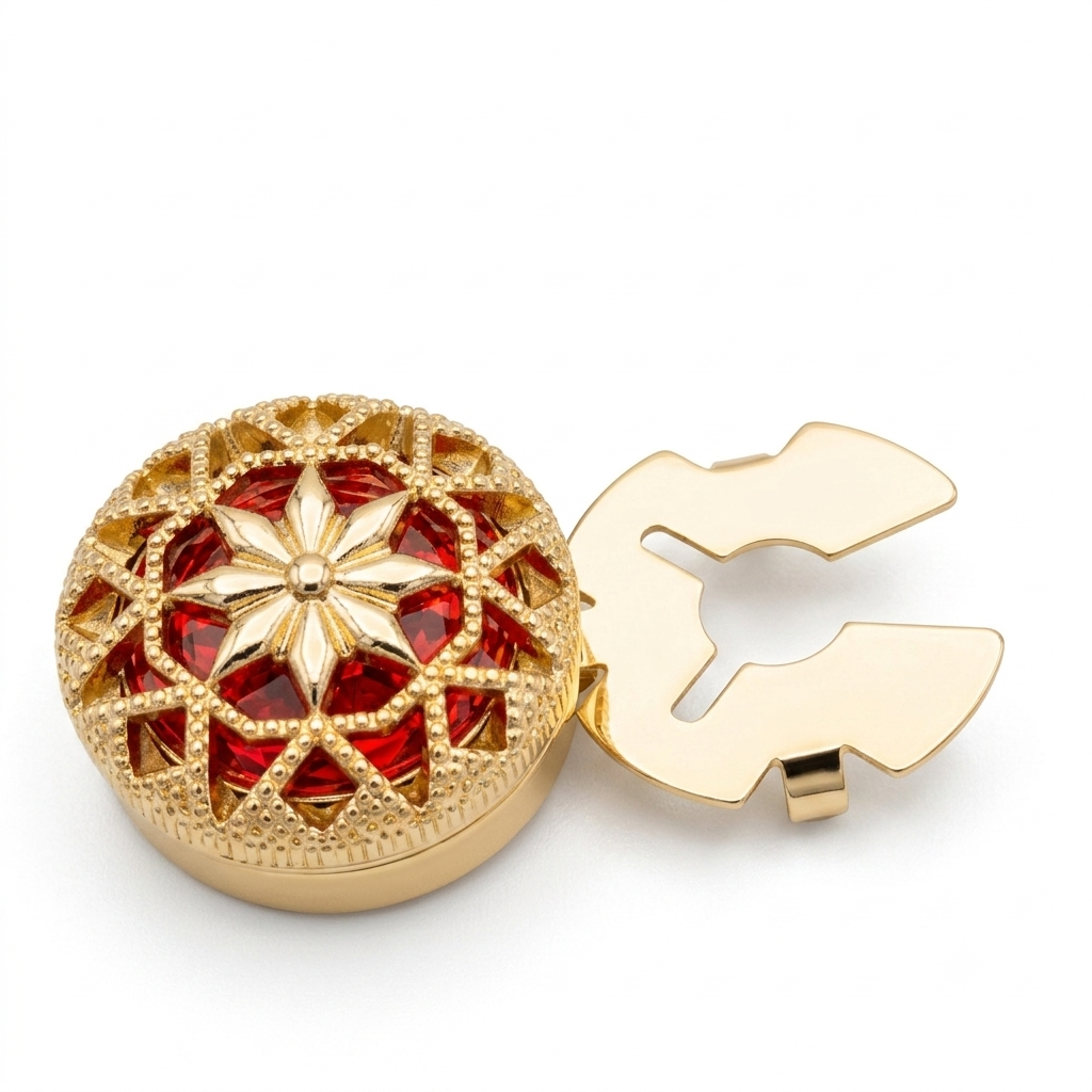 Albetro Scarlet Filigree Gold Button Cover — angled view showing clasp