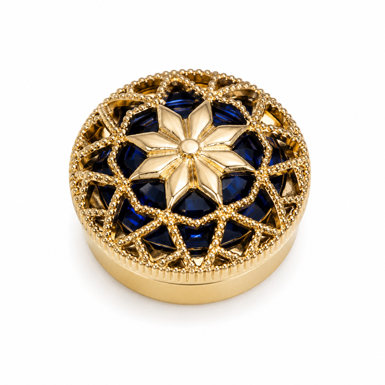 Albetro Sapphire Filigree Gold Button Cover — gold lattice over blue crystal, front view