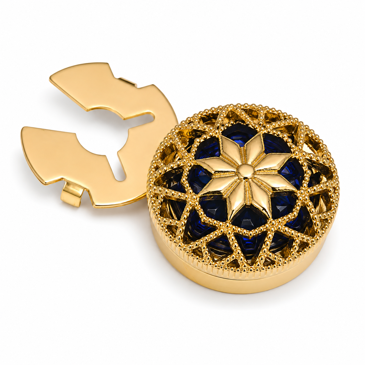Albetro Sapphire Filigree Gold Button Cover — angled view showing clasp