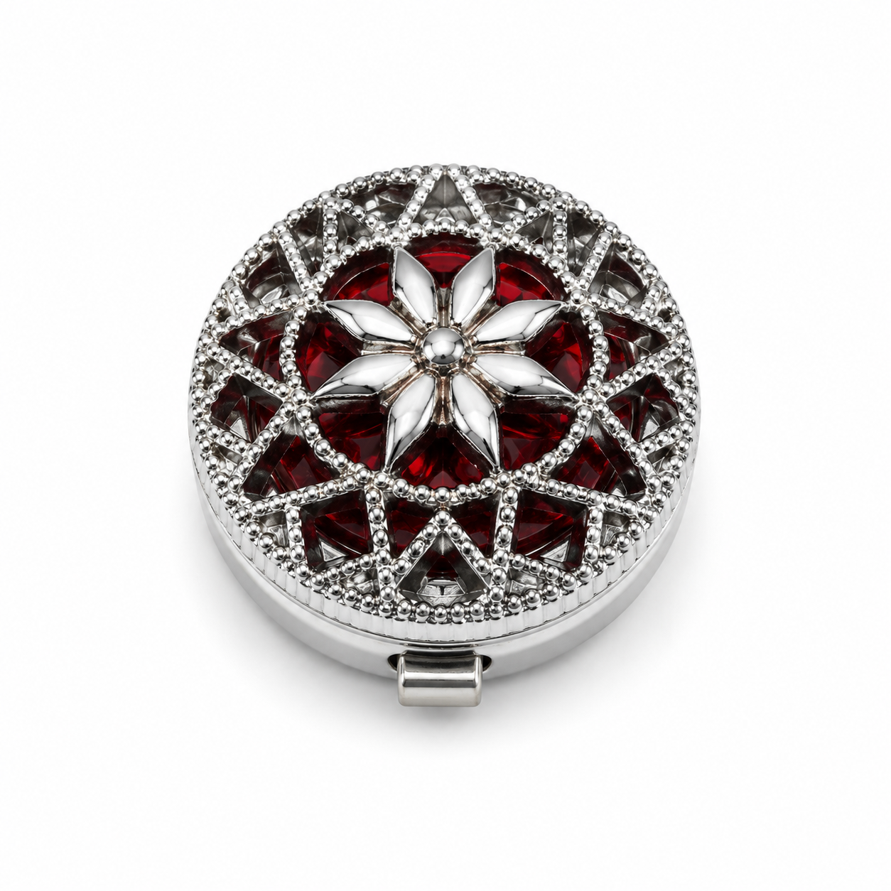 Albetro Scarlet Filigree Silver Button Cover — silver lattice over red crystal, front view