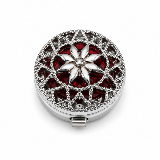 Albetro Scarlet Filigree Silver Button Cover — silver lattice over red crystal, front view