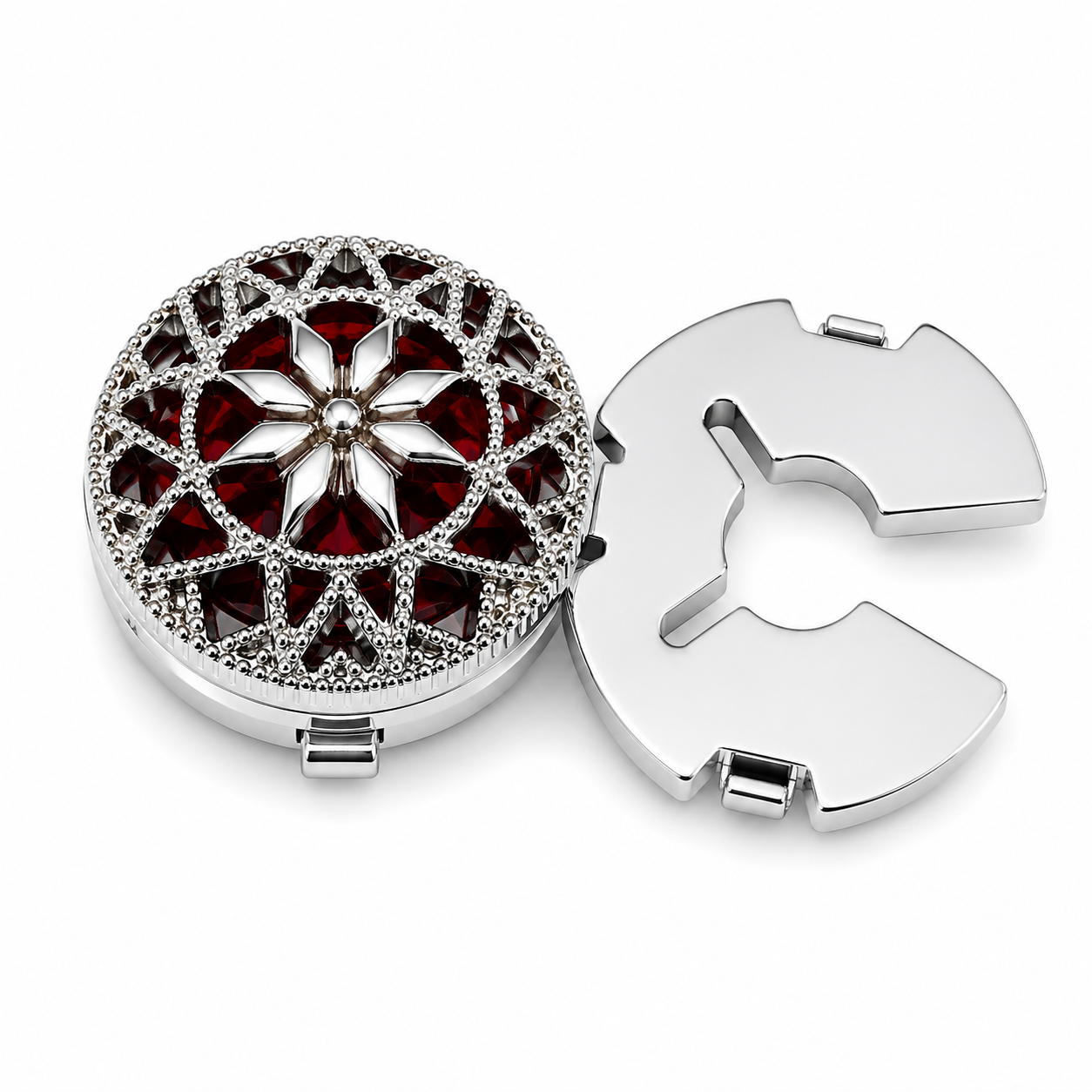 Albetro Scarlet Filigree Silver Button Cover — angled view showing clasp