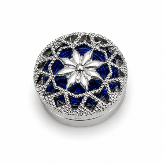 Albetro Sapphire Filigree Silver Button Cover — silver lattice over blue crystal, front view