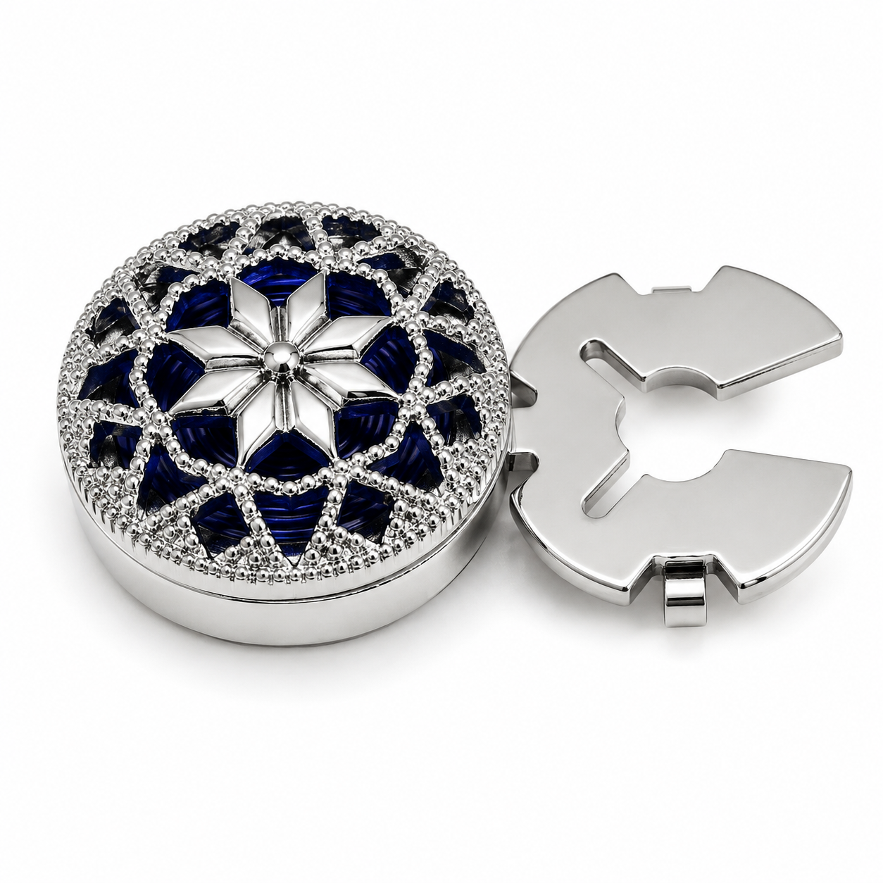 Albetro Sapphire Filigree Silver Button Cover — angled view showing clasp