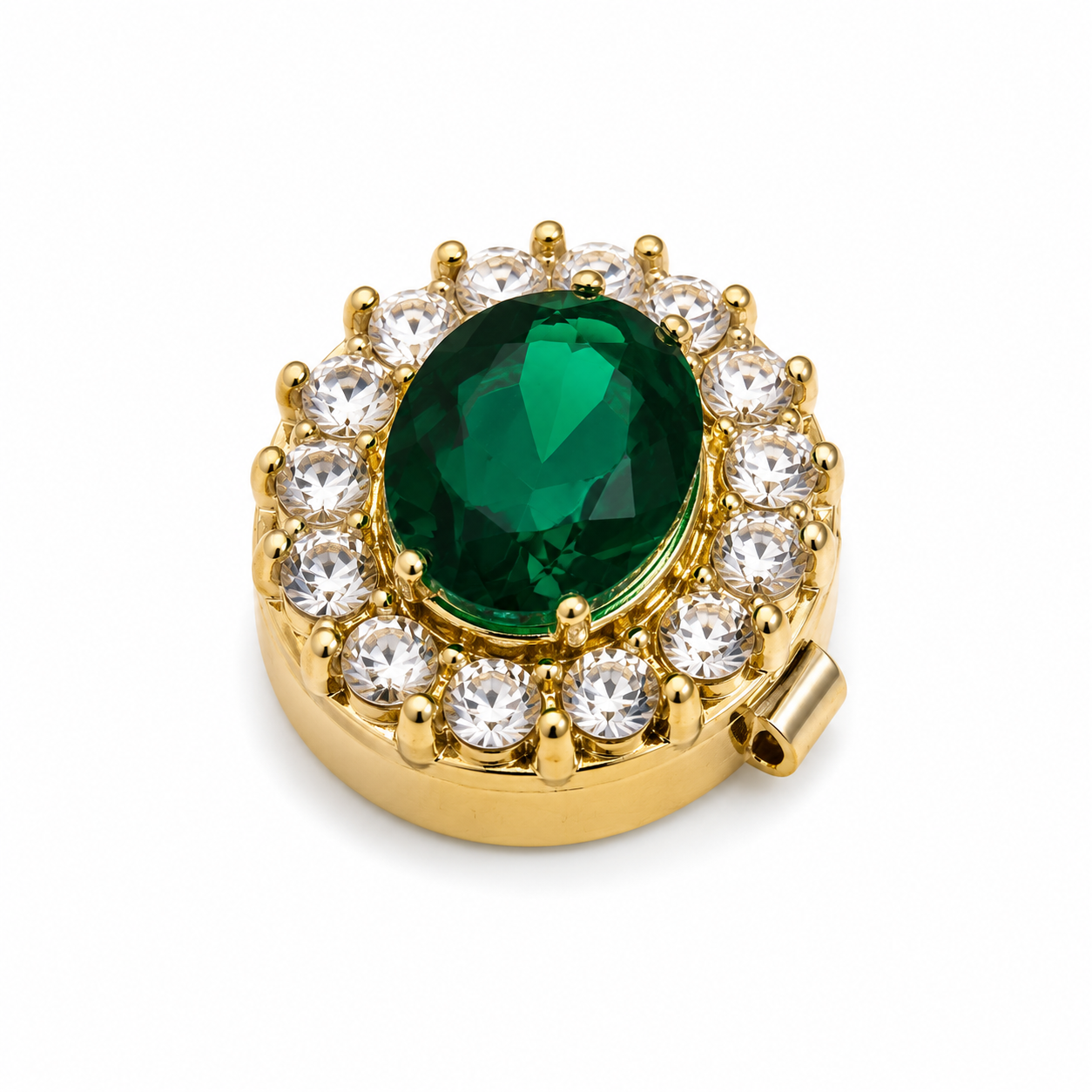 Albetro Emerald Halo Gold Button Cover — green oval crystal with clear halo in gold