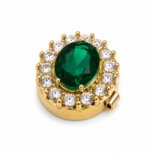 Albetro Emerald Halo Gold Button Cover — green oval crystal with clear halo in gold