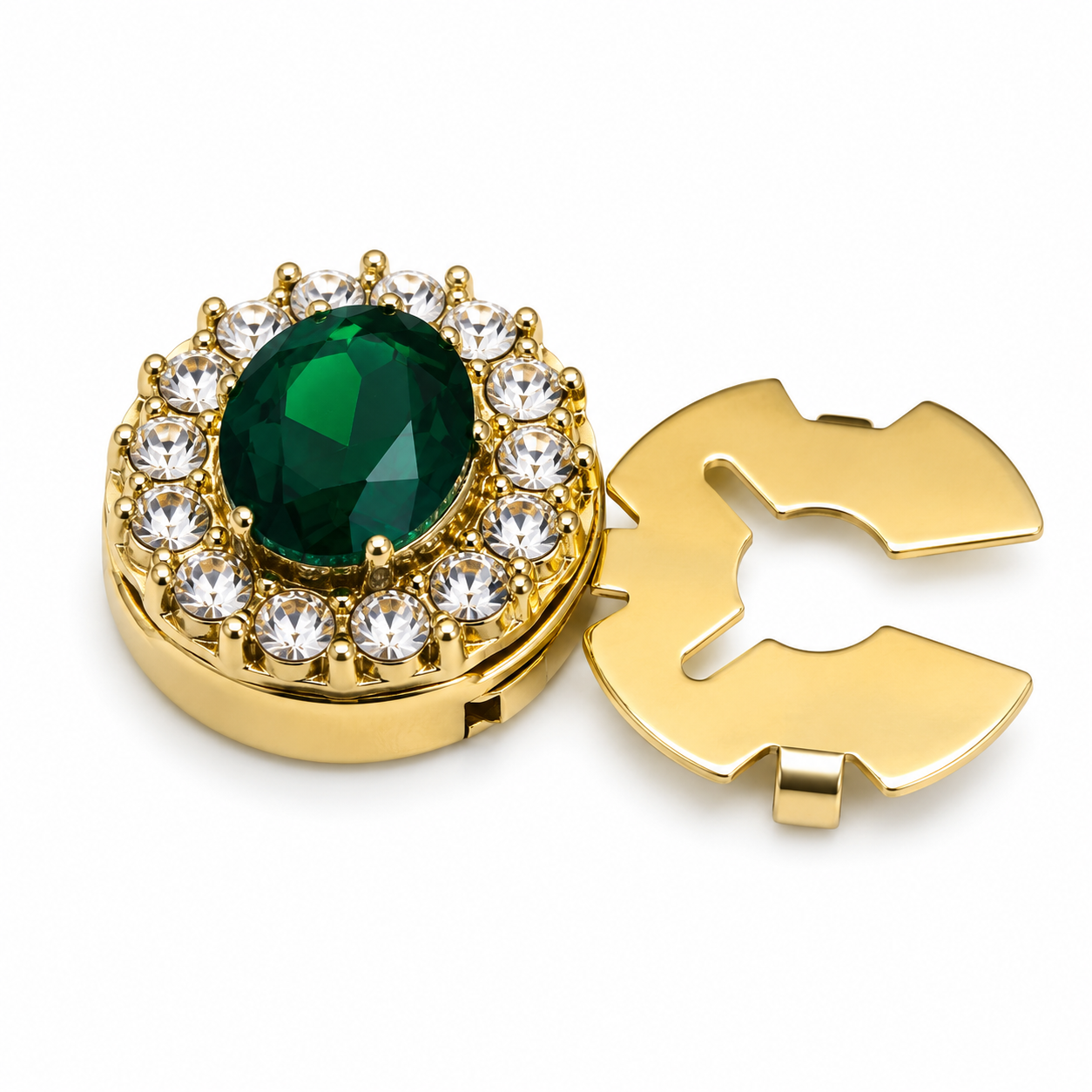 Albetro Emerald Halo Gold Button Cover — angled view showing clasp