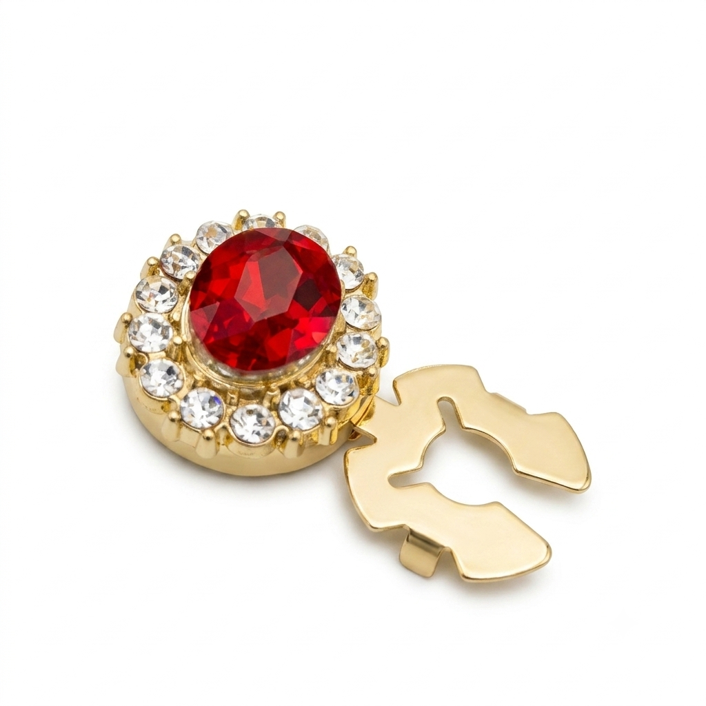 Albetro Ruby Halo Gold Button Cover — angled view showing clasp