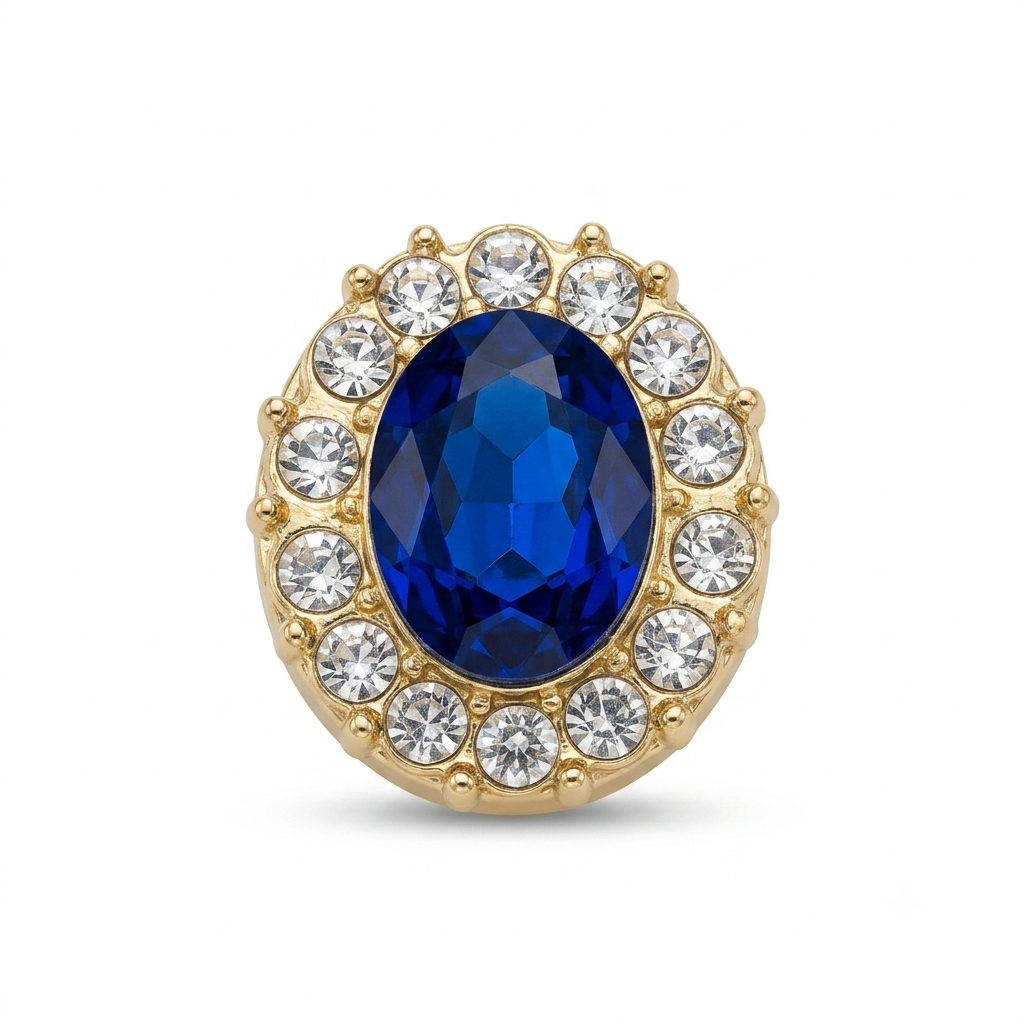 Albetro Sapphire Halo Gold Button Cover — blue oval crystal with clear halo in gold