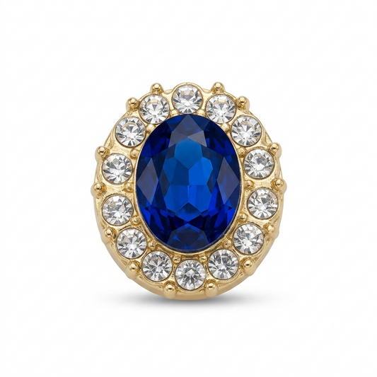 Albetro Sapphire Halo Gold Button Cover — blue oval crystal with clear halo in gold