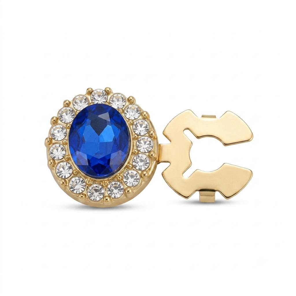 Albetro Sapphire Halo Gold Button Cover — angled view showing clasp