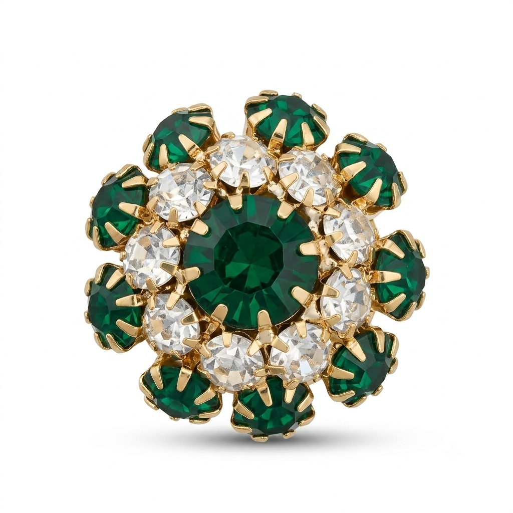 Albetro Emerald Bloom Crystal Button Cover — emerald and clear crystal cluster in gold