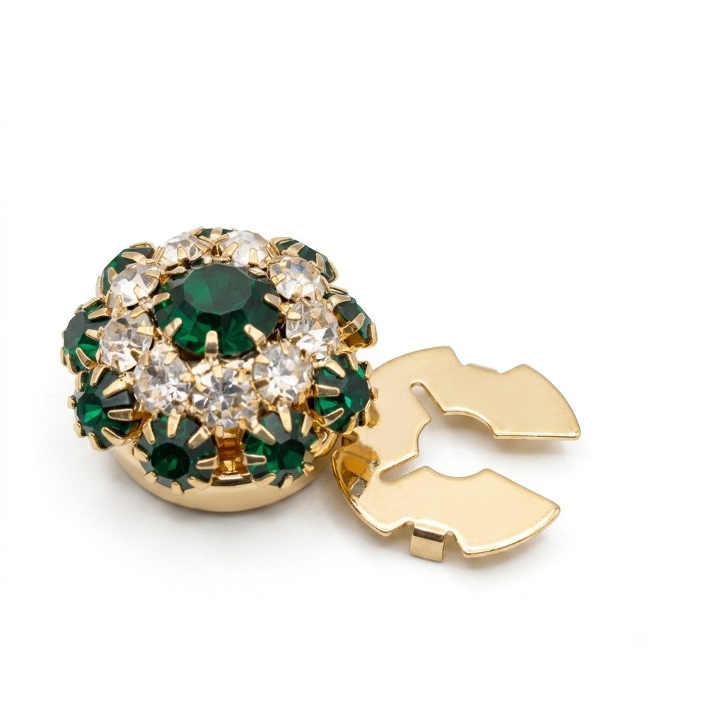 Albetro Emerald Bloom Crystal Button Cover — angled view showing clasp