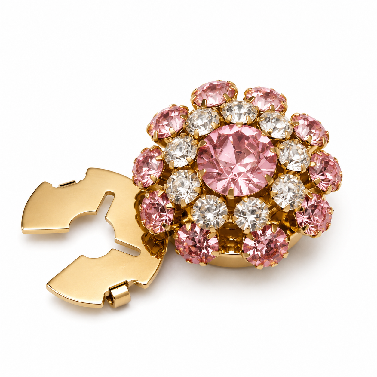 Albetro Blush Bouquet Crystal Button Cover — pink and clear crystal cluster in gold, angled view