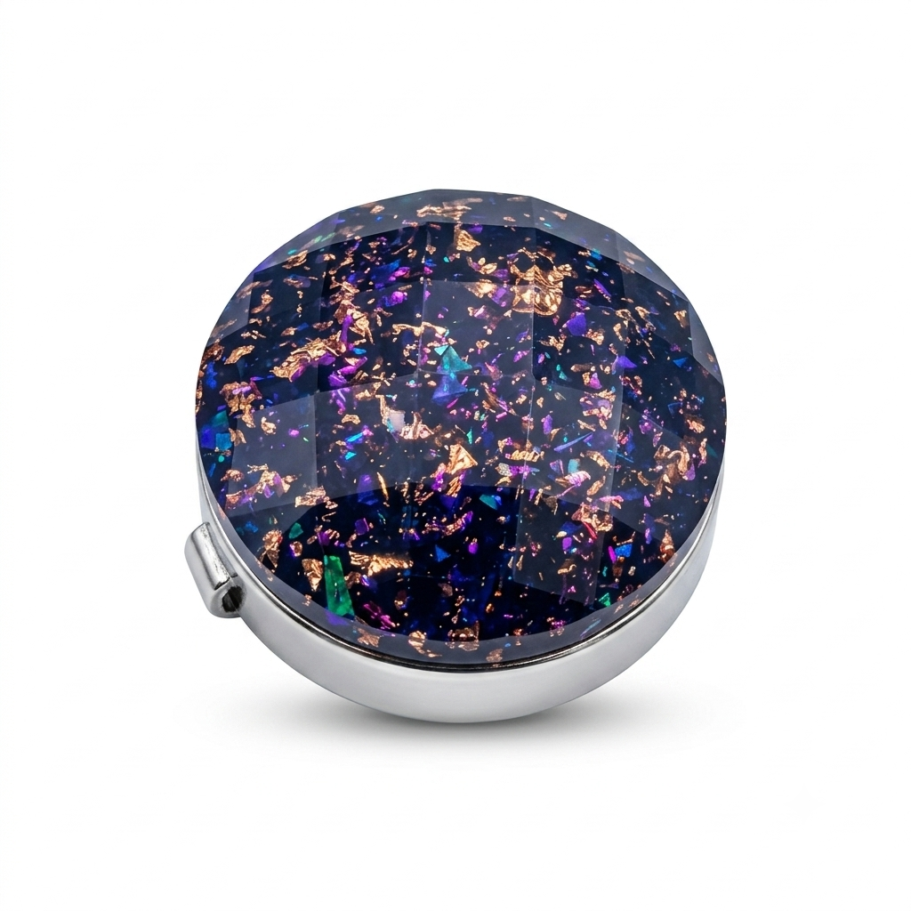 Albetro Violet Nebula Button Cover — violet glitter dome in silver frame