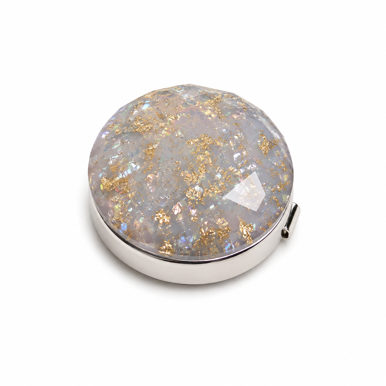 Albetro Golden Frost Button Cover — ivory and gold flake dome in silver frame