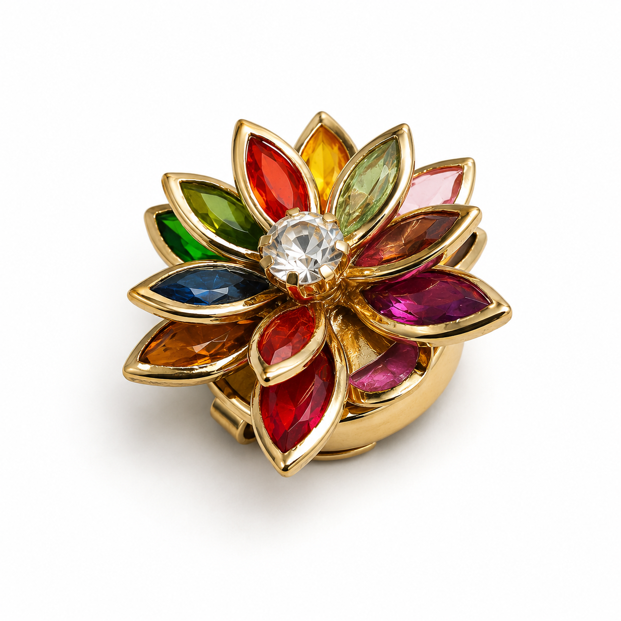 Albetro Rainbow Blossom Gold Button Cover — multicolour crystal petal flower in gold