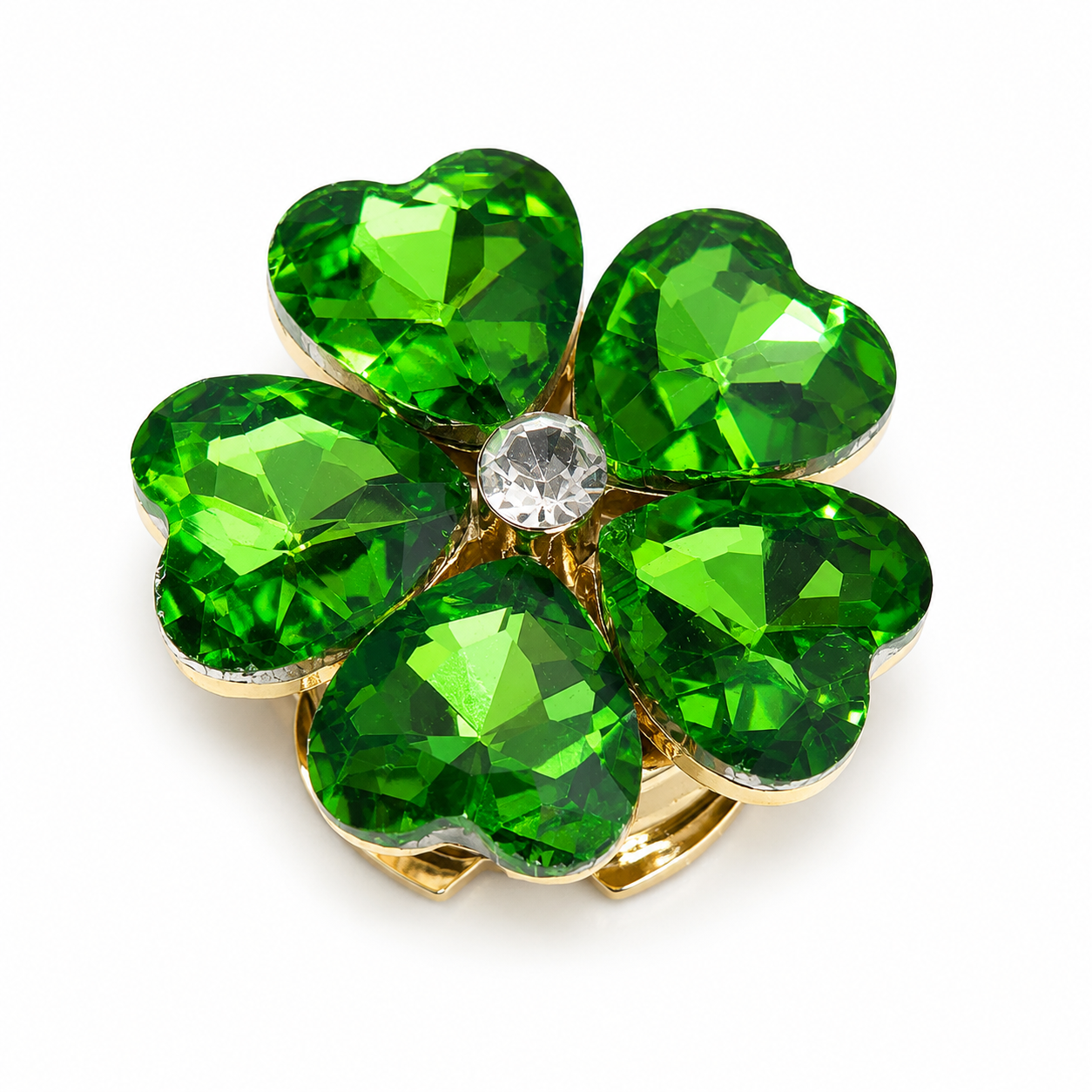 Albetro Emerald Clover Gold Button Cover — green heart-cut crystal clover in gold
