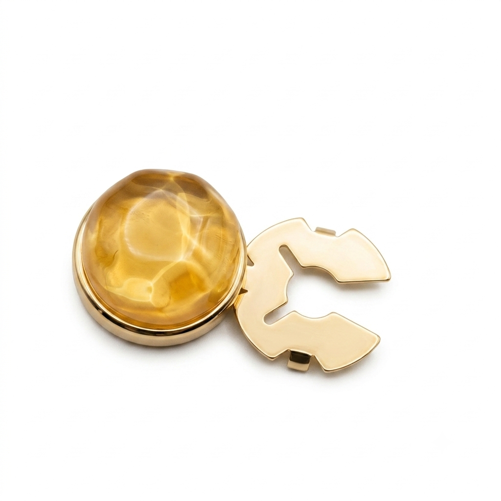 Albetro Amber Mirage Gold Button Cover — angled view showing clasp