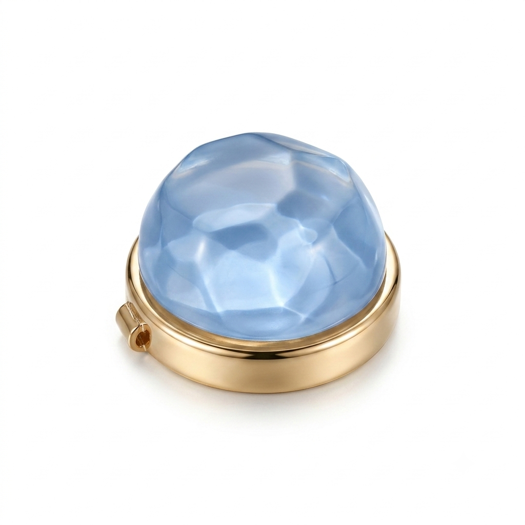 Albetro Glacier Blue Gold Button Cover — ice blue faceted dome in gold frame