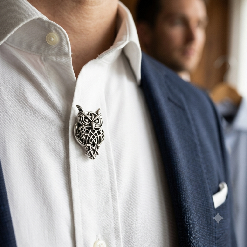 Albetro Athena Owl Antique Silver Button Cover — angled view showing clasp