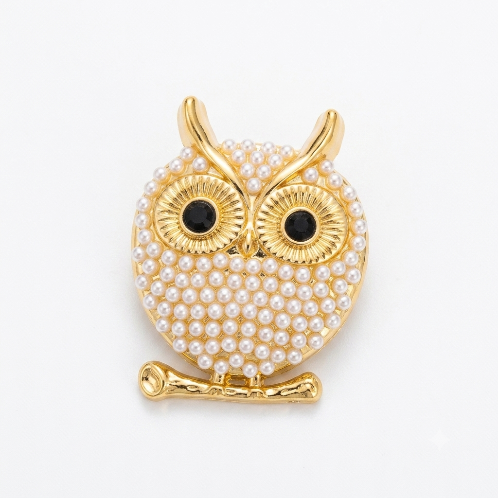 Albetro Pearl Owl Gold Button Cover — pearl-studded owl in gold