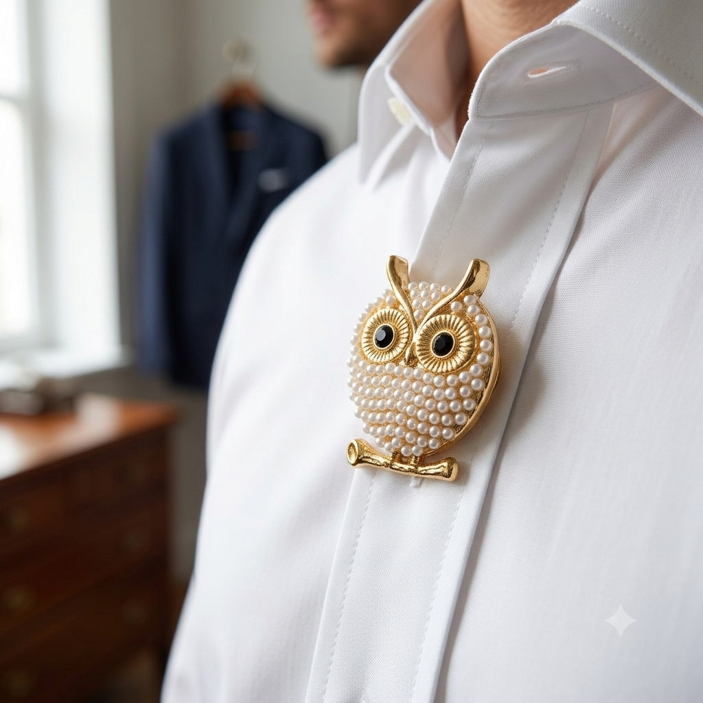 Albetro Pearl Owl Gold Button Cover — angled view showing clasp