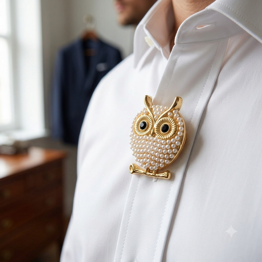 Albetro Pearl Owl Gold Button Cover — angled view showing clasp