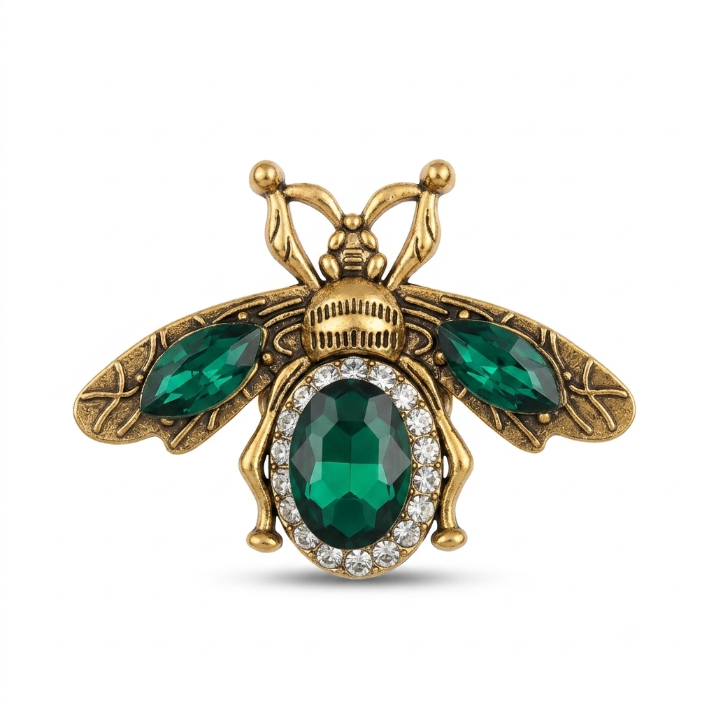 Albetro Royal Bee Emerald Gold Button Cover — gold bee with emerald crystal wings and body