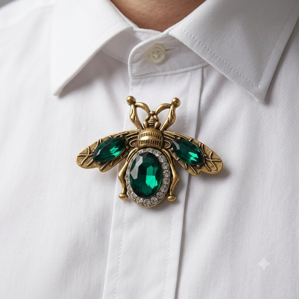 Albetro Royal Bee Emerald Gold Button Cover — angled view showing clasp