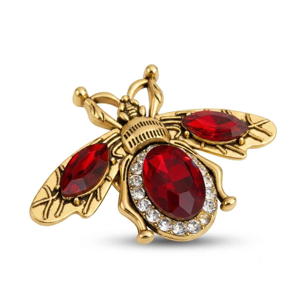 Albetro Royal Bee Ruby Gold Button Cover — gold bee with ruby crystal wings and body