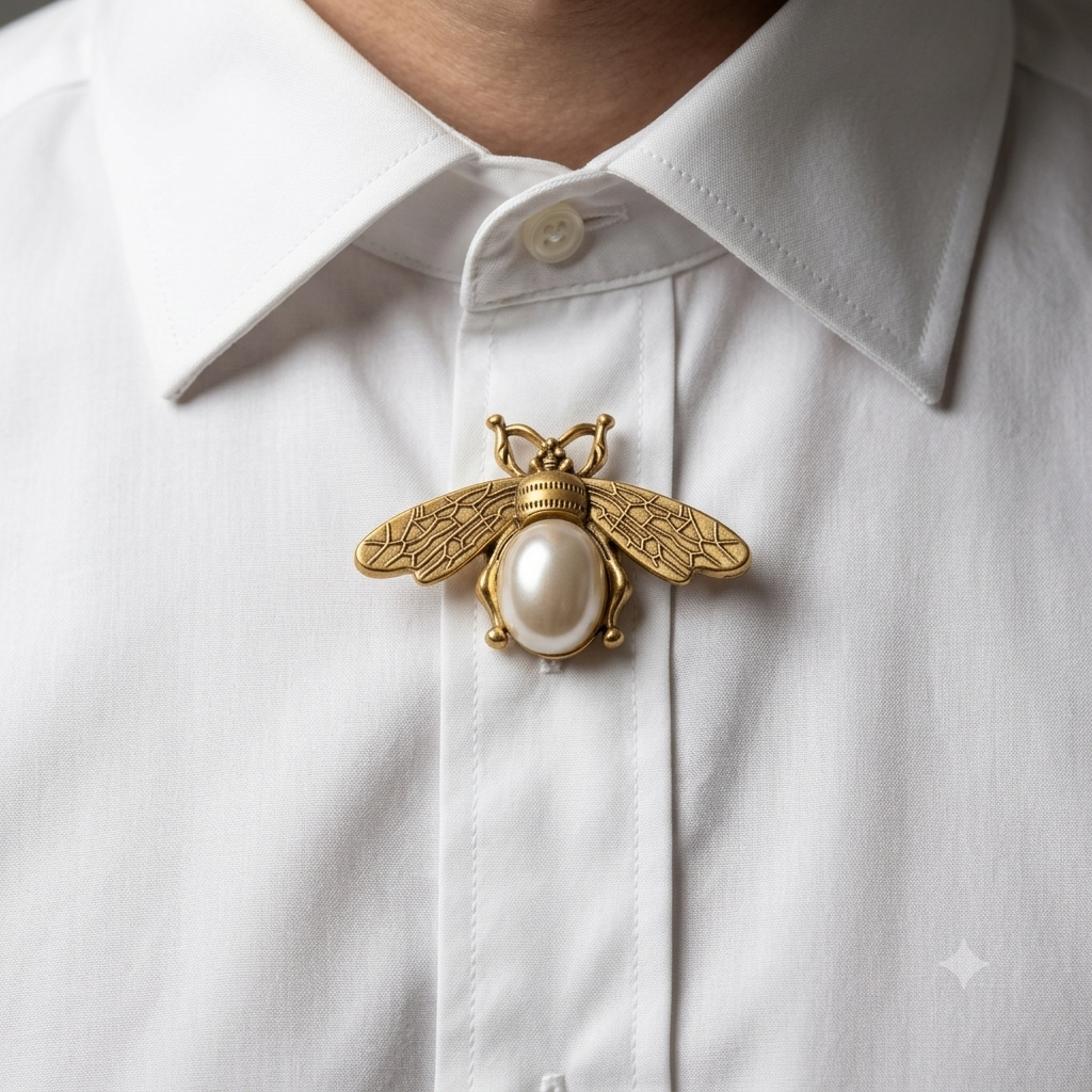 Albetro Royal Bee Pearl Gold Button Cover — angled view showing clasp