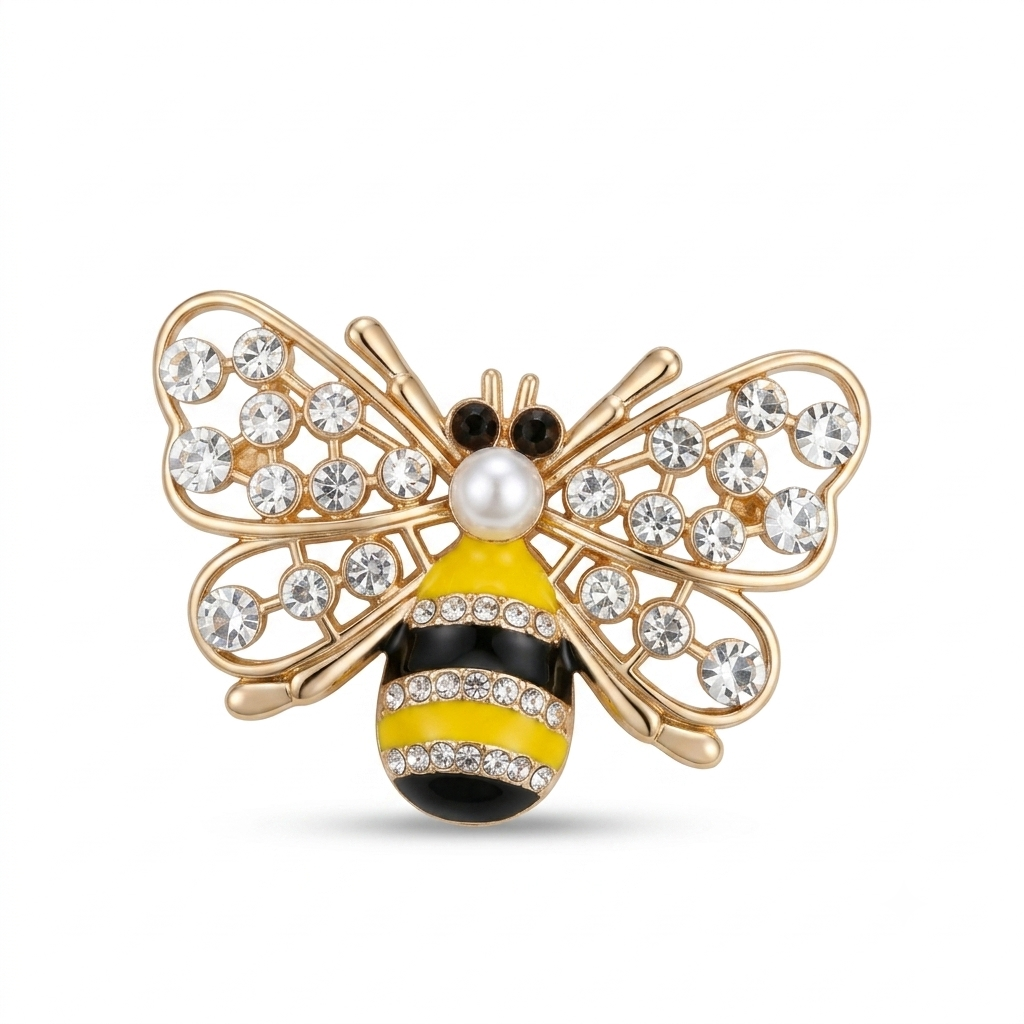 Albetro Crystal Wing Bee Gold Button Cover — crystal wings, enamel striped body, pearl head