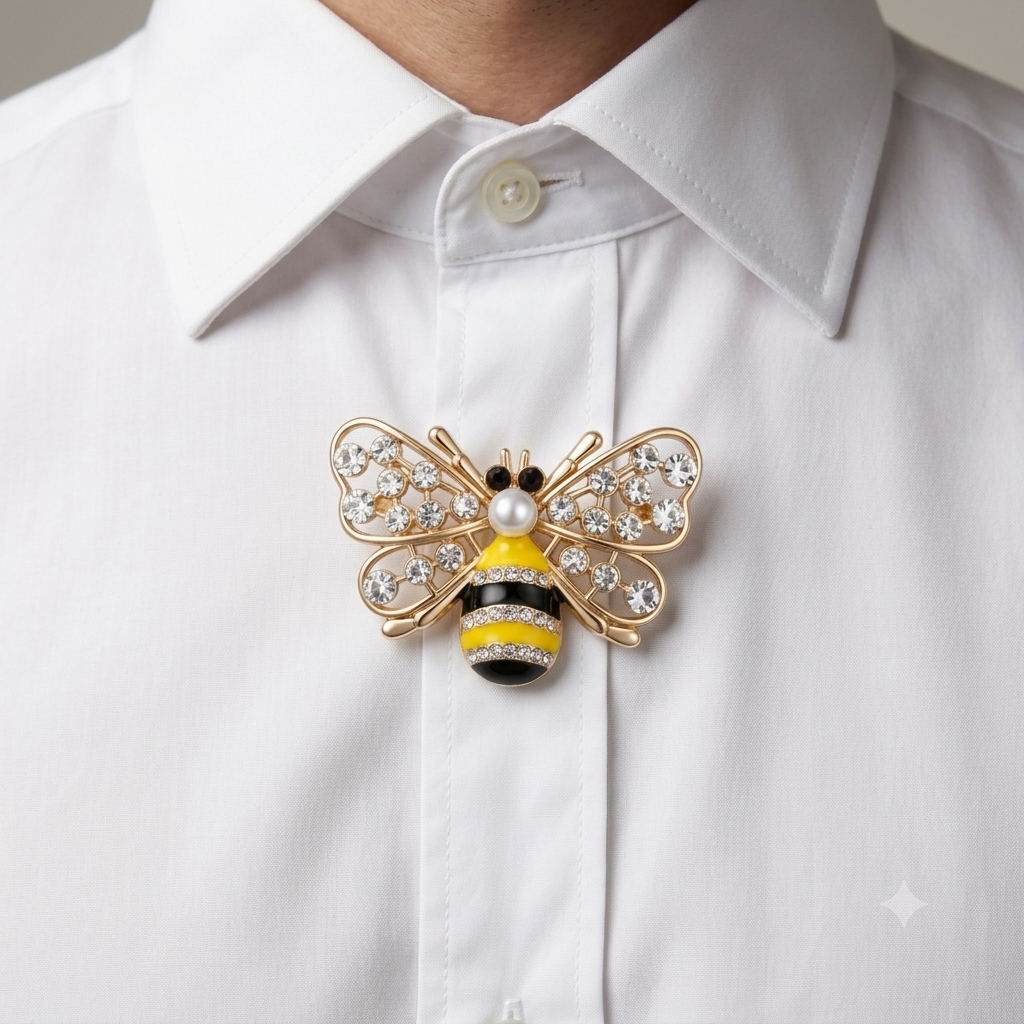 Albetro Crystal Wing Bee Gold Button Cover — angled view showing clasp
