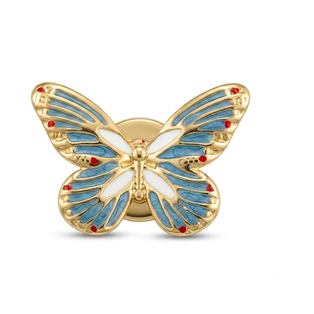 Albetro Azure Butterfly Gold Button Cover — blue enamel butterfly in gold