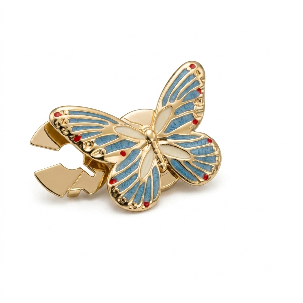 Albetro Azure Butterfly Gold Button Cover — angled view showing clasp