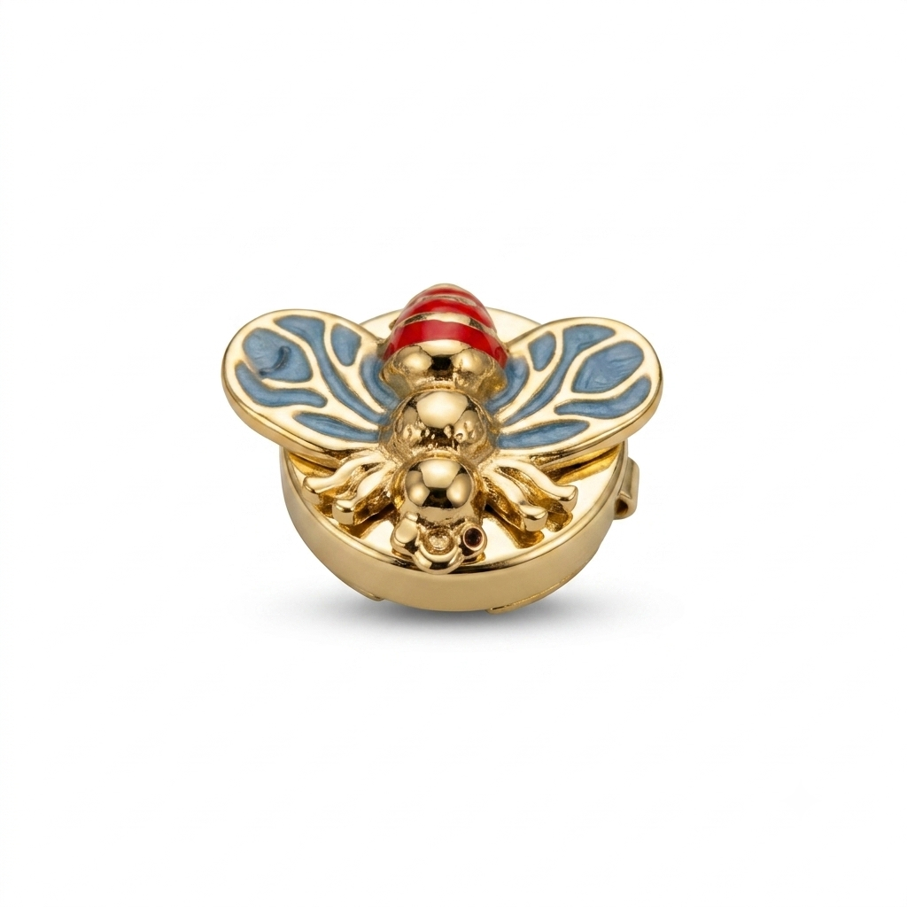 Albetro Queen Bee Azure Gold Button Cover — gold bee with blue enamel wings and red head