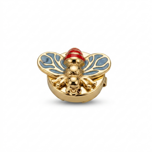 Albetro Queen Bee Azure Gold Button Cover — gold bee with blue enamel wings and red head