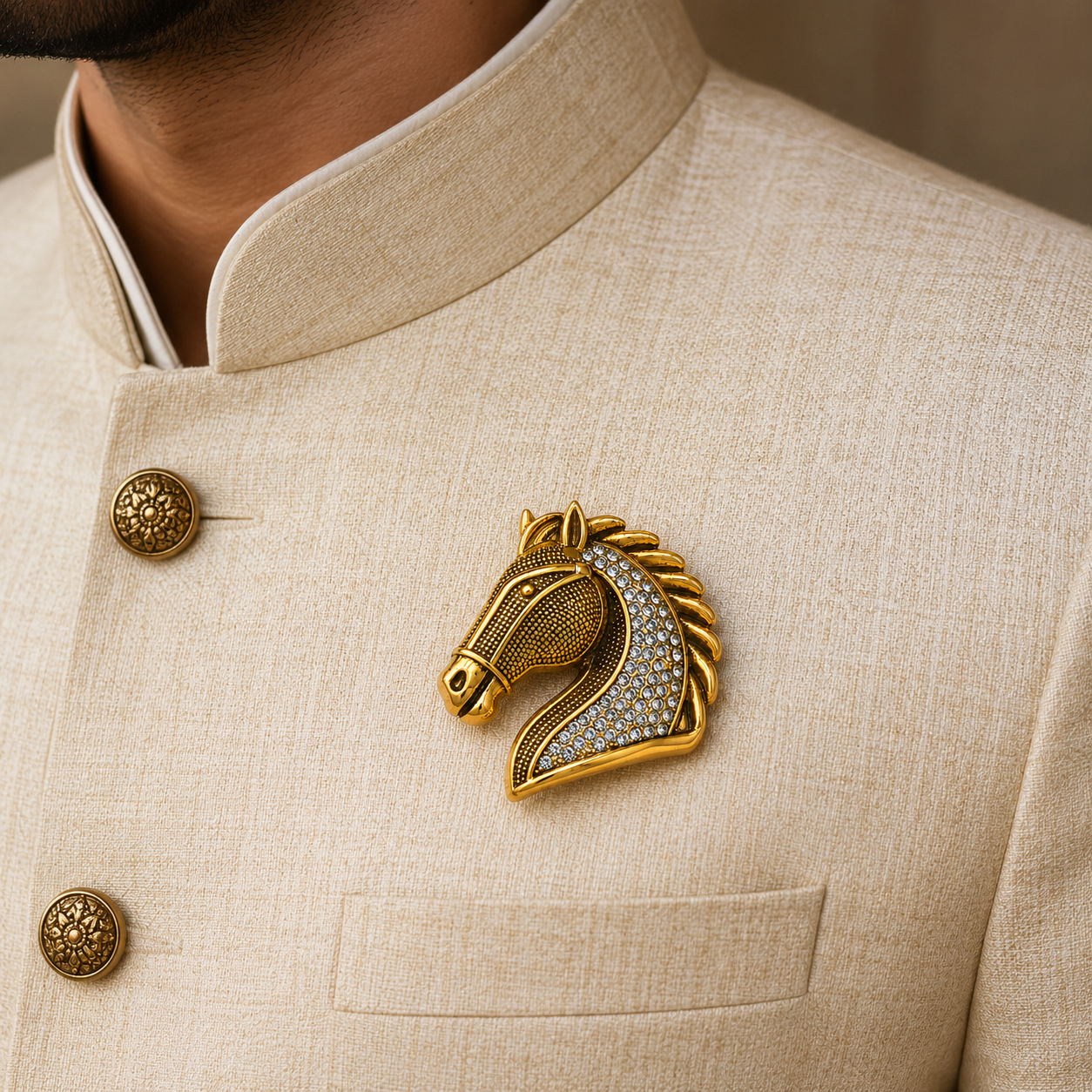 The Maharaja Gold Crystal Stallion Brooch - Model