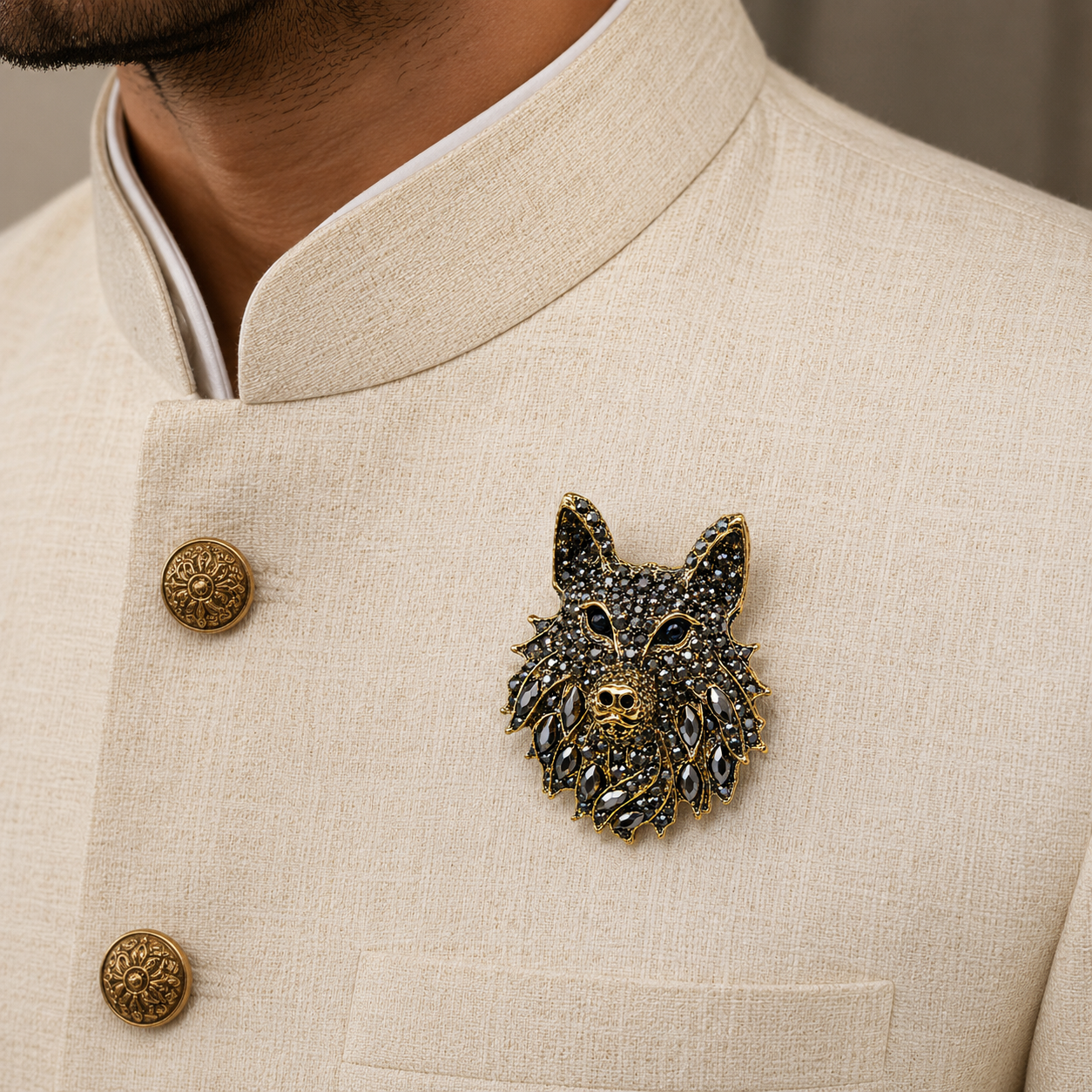 The Obsidian Noir Wolf Crystal Brooch - Model